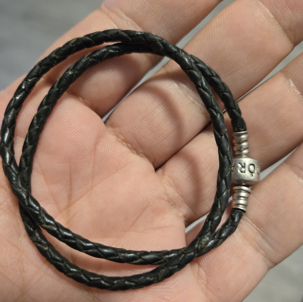 Pandora Double Black Leather Bracelet And Sterling Clasp 14"